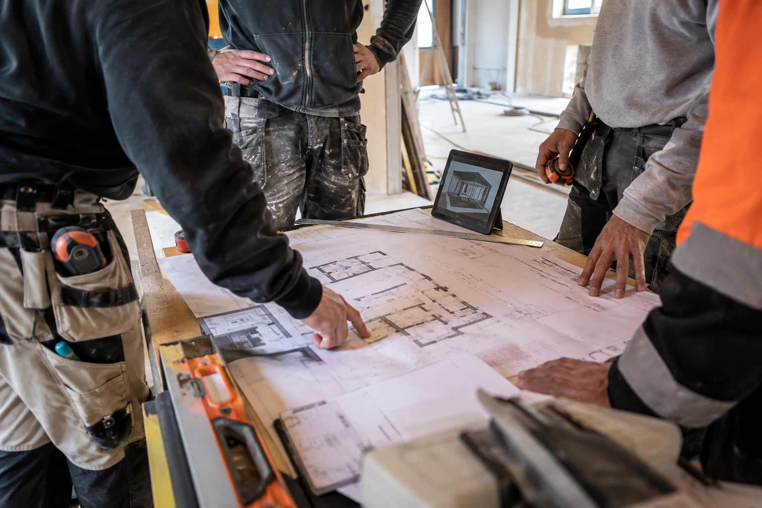 Artisans coordonnant un chantier autour de plans et tablette