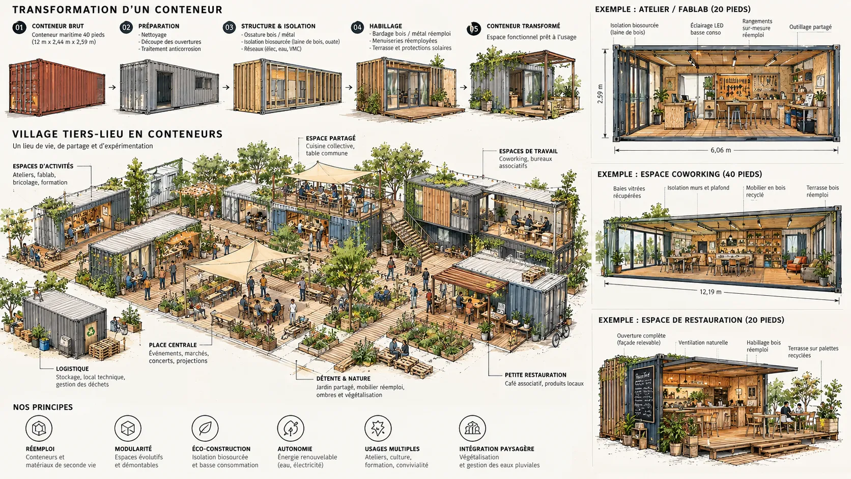 Schéma de conception du village tiers-lieu La Zone Franche : transformation de conteneurs, plan d'ensemble, exemples d'espaces et principes.