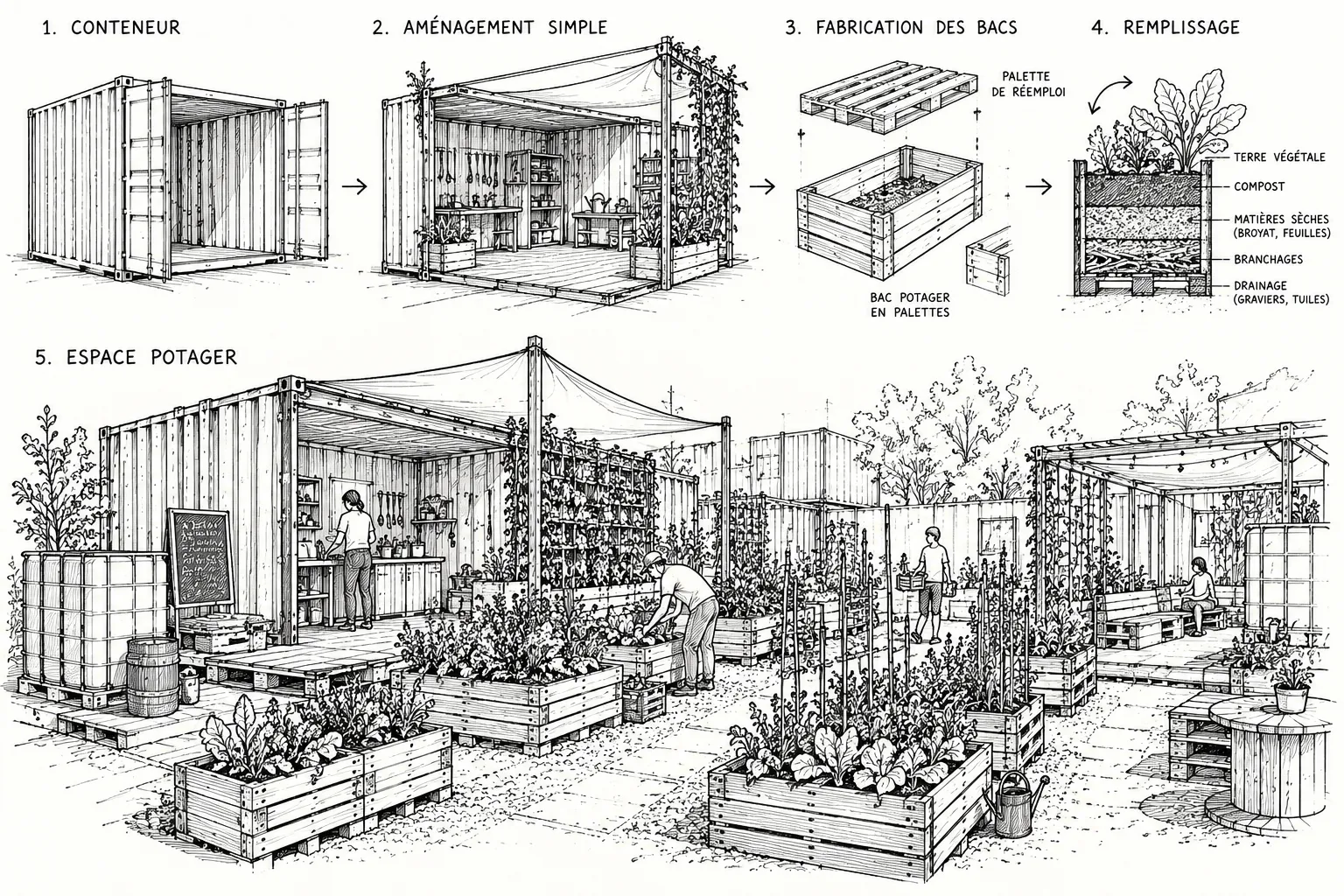 Schéma en cinq étapes de la transformation d'un conteneur en espace potager : conteneur brut, aménagement, fabrication des bacs en palettes de réemploi, remplissage en couches (drainage, branchages, matières sèches, compost, terre végétale), puis mise en culture.